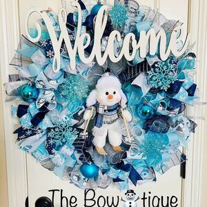 XL Handmade Christmas Holiday Skiing Snowman Ribbon Prelit Wreath 26 ins LED